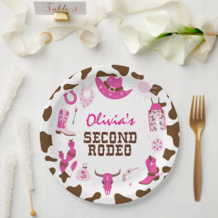 Second Rodeo Pink Western Cowboy 2nd Birthday Paper Plate