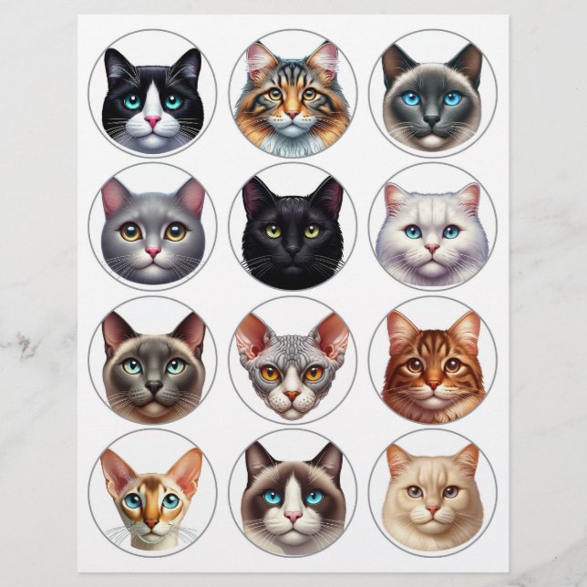 Second Set of 12 Round Cat Breed Illustrations (Front)