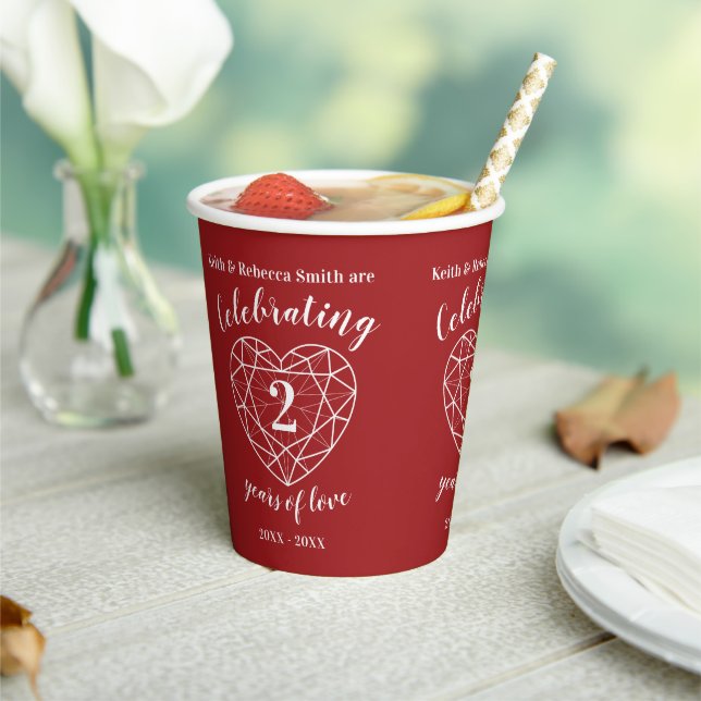 Second Wedding Anniversary line heart garnet red Paper Cups (Insitu)