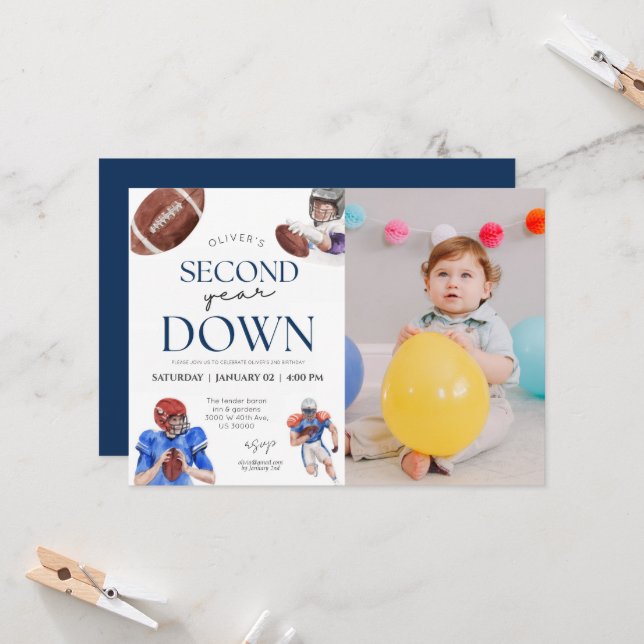 Second year down football theme photo 2nd birthday invitation (Front/Back In Situ)