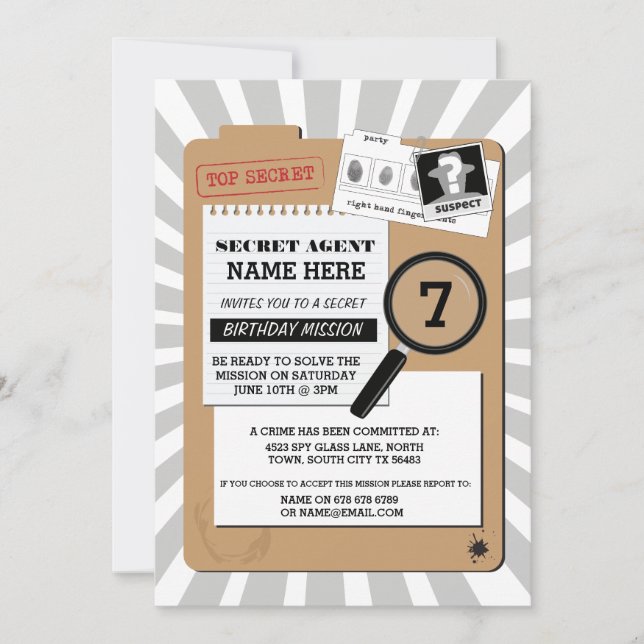 SECRET AGENT DETECTIVE CRIME SPY BIRTHDAY PARTY INVITATION (Front)