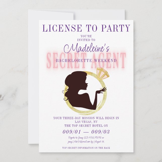 Secret Agent License Party Bachelorette Itinerary Invitation (Front)
