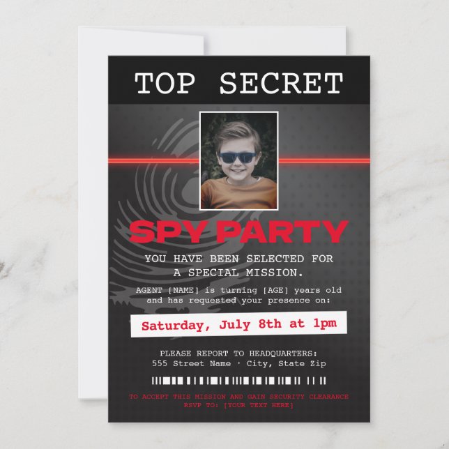 Secret Agent Spy Party Invitation (Front)