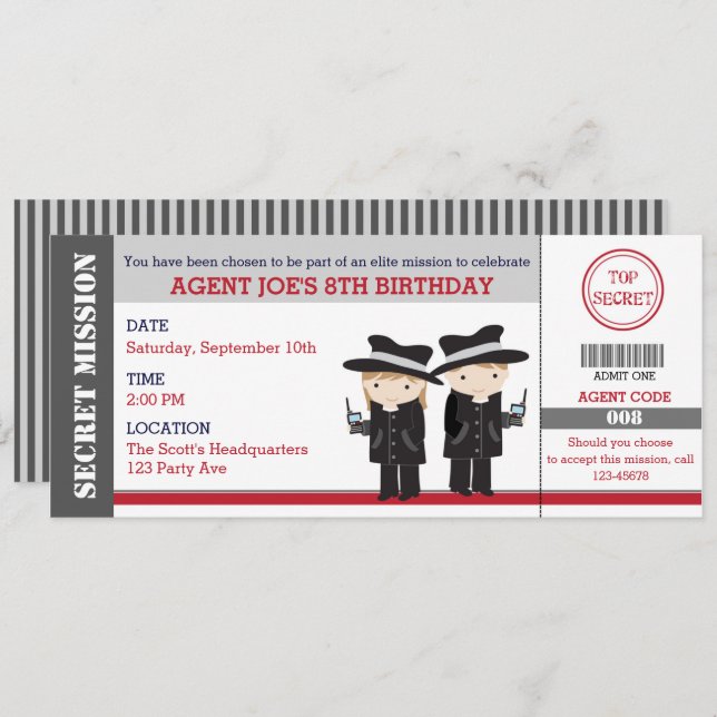 Secret Agent / Spy Ticket Birthday Invitations (Front/Back)