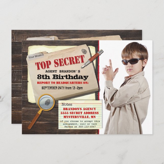 Secret Agent Spy Top Secret Birthday Party Invite (Front/Back)