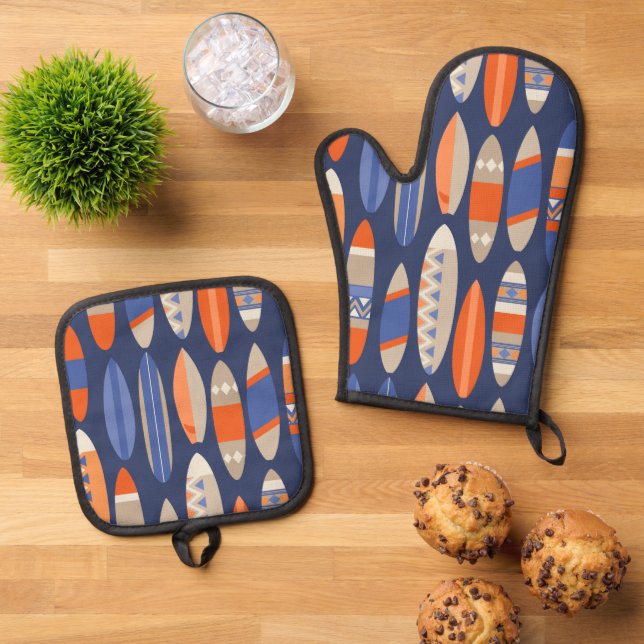 Secret Beach Hawaiian Surfboards Blue and Orange Oven Mitt & Pot Holder Set (Top Down)