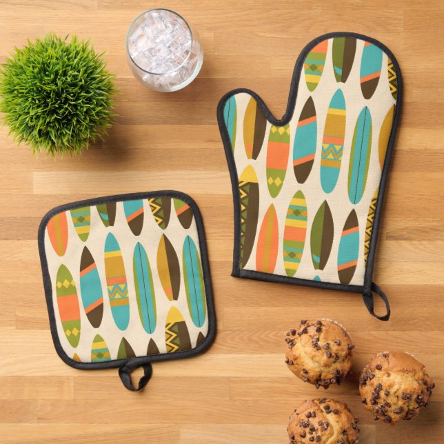 Secret Beach Hawaiian Surfboards Multi Cream Oven Mitt & Pot Holder Set (Top Down)