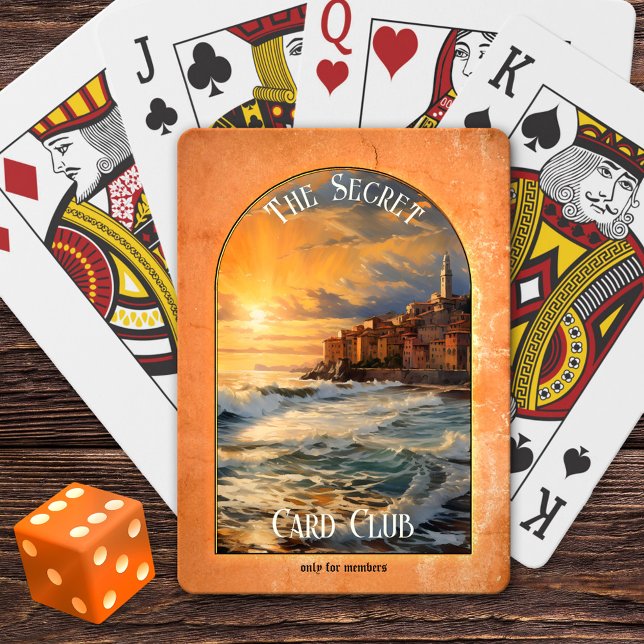 Secret Card Club Members Only Playing Cards (Playing cards featuring an Italian coast painting at sunset in terra cotta colors)