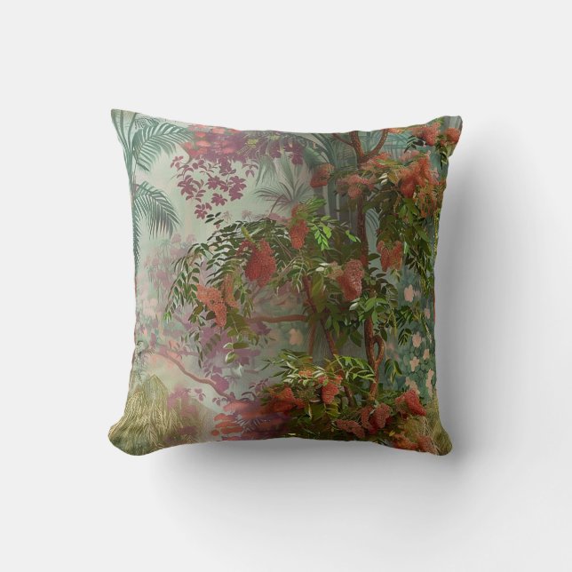 Secret garden mysterious jungle flowers and trees cushion (Front)