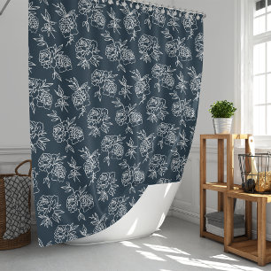 Secret Garden Navy & White Modern Floral Pattern Shower Curtain