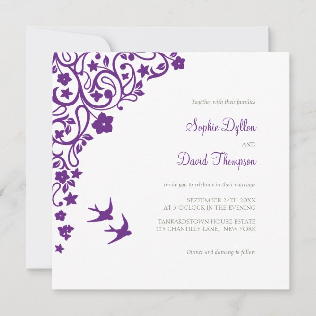 Secret Garden Purple Floral Lovebirds Wedding Invitation (Front)