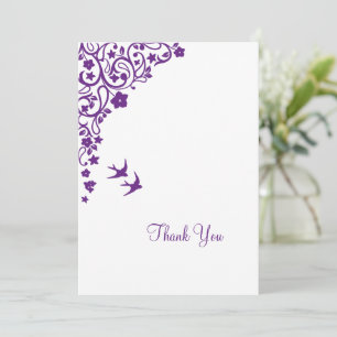 Secret Garden Purple Floral Lovebirds Wedding Thank You Card