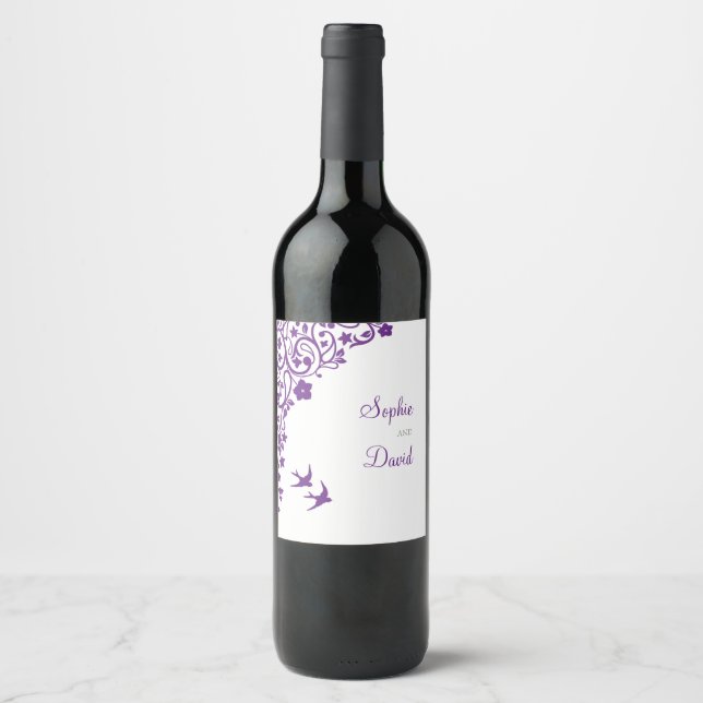 Secret Garden Purple Floral Lovebirds Wedding Wine Label (Front)