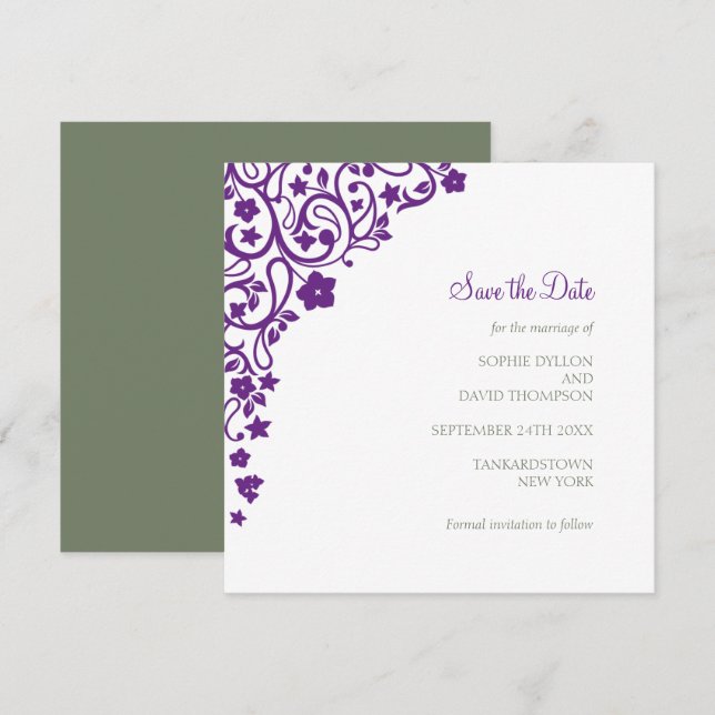 Secret Garden Purple Floral Square Wedding Save The Date (Front/Back)