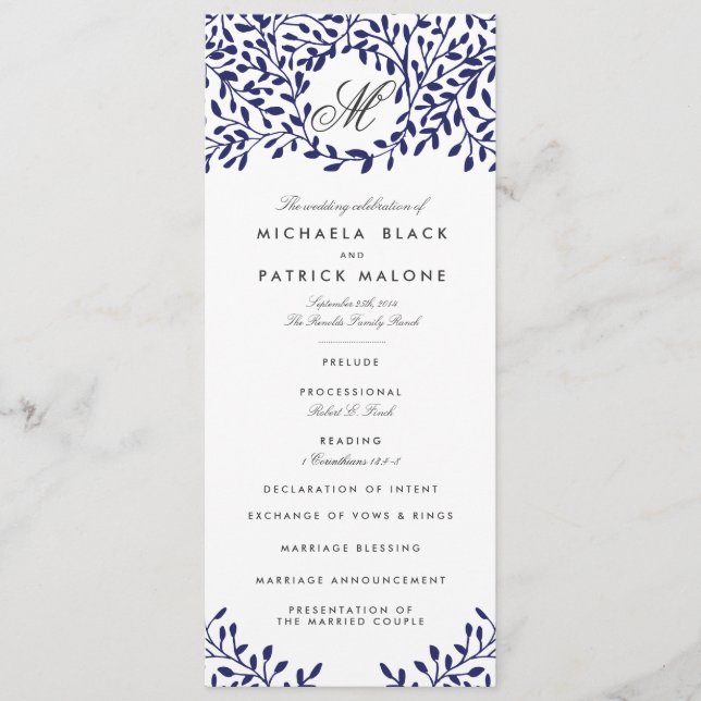 Secret Garden Wedding Programs - Navy (Front)