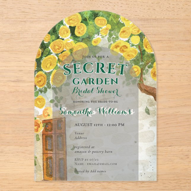 Secret Garden Yellow Roses Enchanted Bridal Shower Acrylic Invitations (Front)