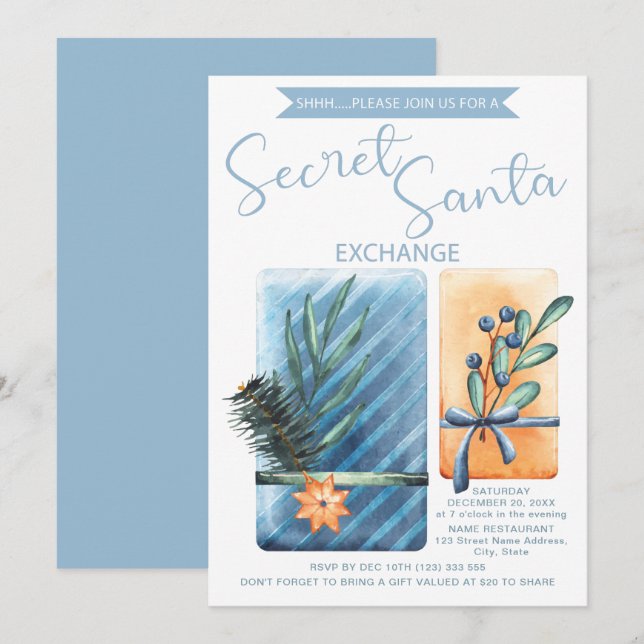 Secret Santa Christmas Party Watercolor Invitation (Front/Back)
