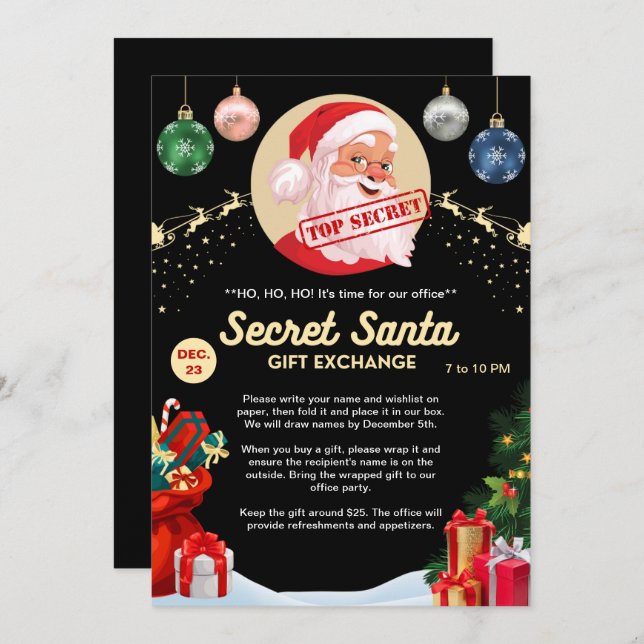 Secret Santa Gift Exchange Office Home Black Party Invitation (Front/Back)