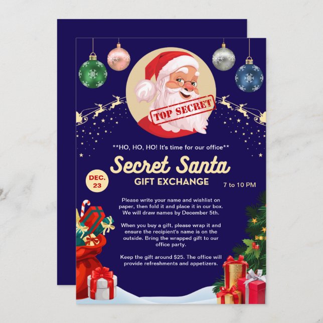 Secret Santa Gift Exchange Office Home Blue Party Invitation (Front/Back)