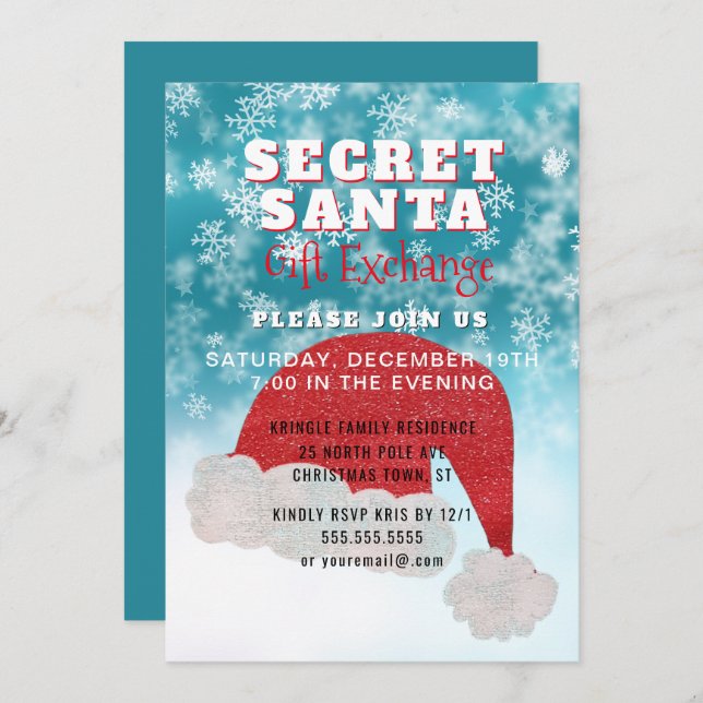 Secret Santa Gift Exchange Party Blue Invitation (Front/Back)