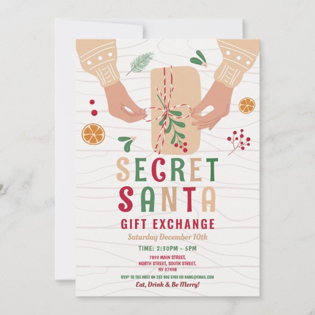 Secret Santa Gift Exchange Party Christmas Family Invitation (Front)