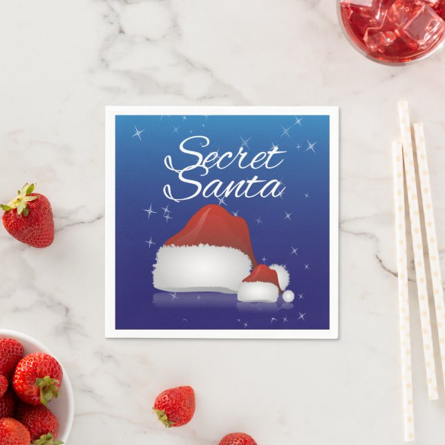 Secret Santa Hat Blue Background Christmas Party Napkin (Insitu)