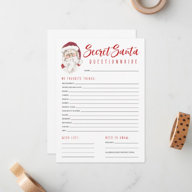 Secret Santa Questionnaire Gift Exchange Party  Card (Front/Back In Situ)