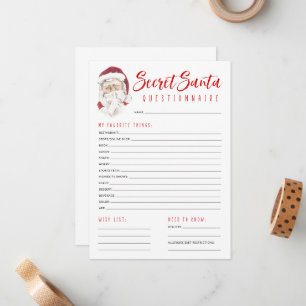 Secret Santa Questionnaire Gift Exchange Party  Card