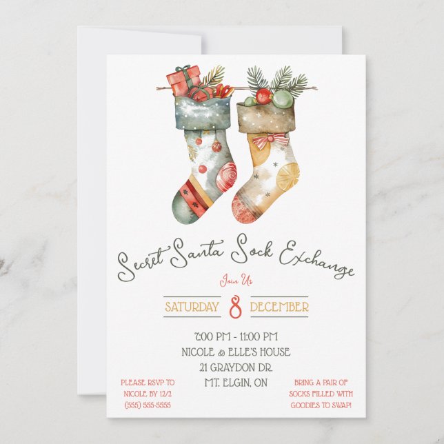 Secret Santa, Sock Swap, Exchange Holiday Party Invitation (Front)