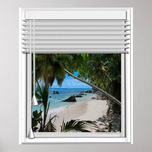 Secret Tropical Beach View Fake Window With Blinds Poster (Front)