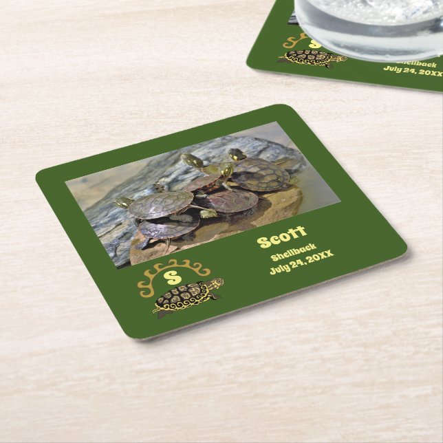 Secret Turtle Shellback Lagoon Photo Name Square Paper Coaster (Angled)