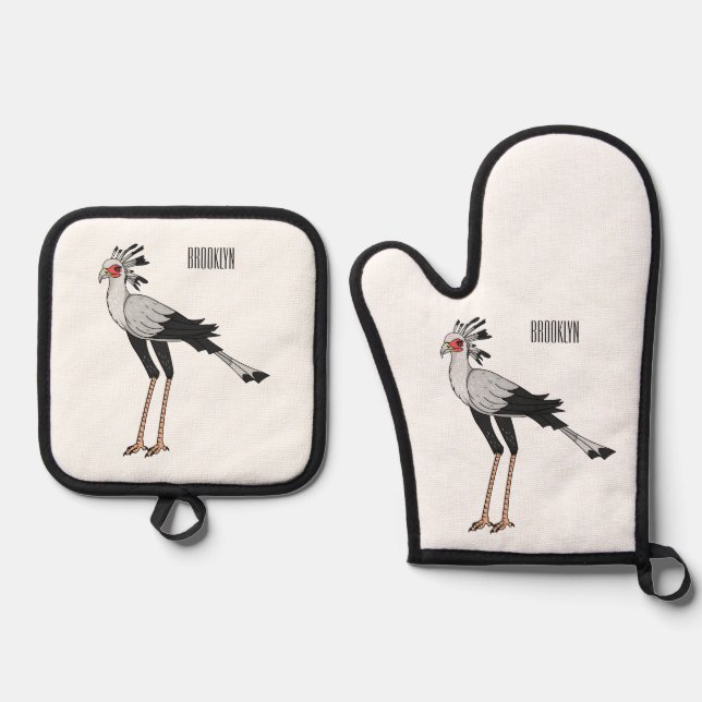 Secretary bird cartoon illustration oven mitt & pot holder set (Front)