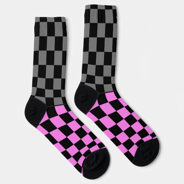Secretly Wild check grey pink on black Socks (Right)