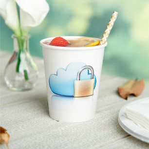 Secure Cloud Storage Icon with Padlock Paper Cups