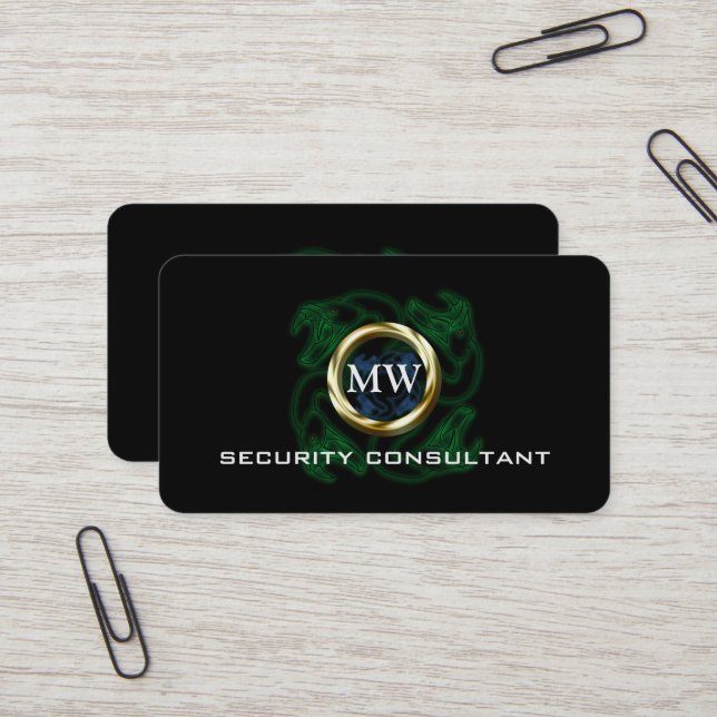 Security Consultant, Snake Heads, Gold Ring Business Card (Front/Back In Situ)