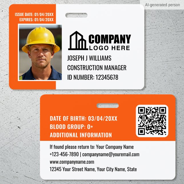 Security ID Photo Logo QR Code Orange Employee Badge (Creator Uploaded)