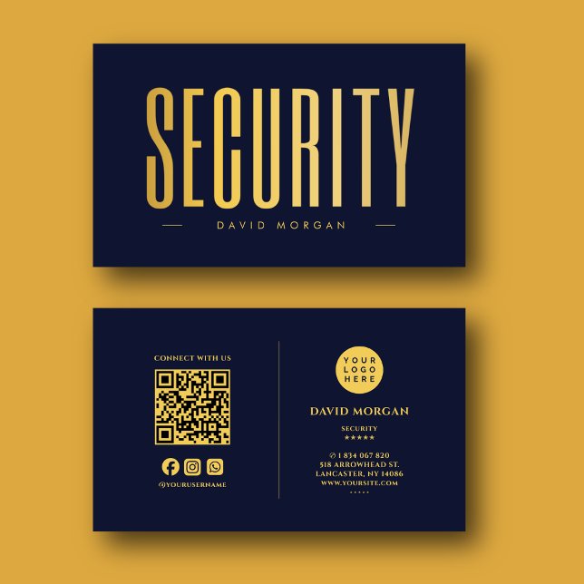 Security QR Code Logo Navy And Gold  Business Card (Creator Uploaded)