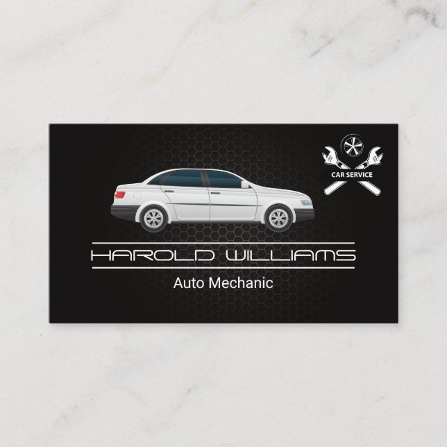 Sedan Car | Mechanic Wrenches Logo | Service Business Card (Front)