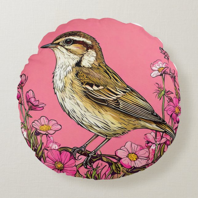 Sedge warbler bird round cushion (Front)