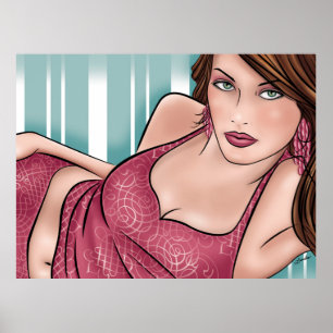 Seductress Woman on Aqua Stripe Poster