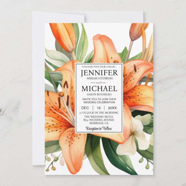 SEE BACK All-In-One Tiger Lily Wedding Invitation (Front)
