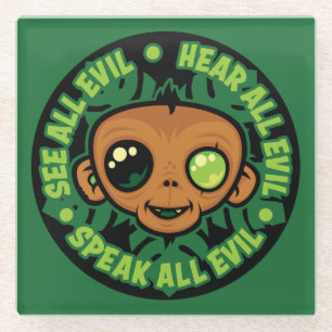 See, Hear and Speak All Evil Monkey Glass Coaster