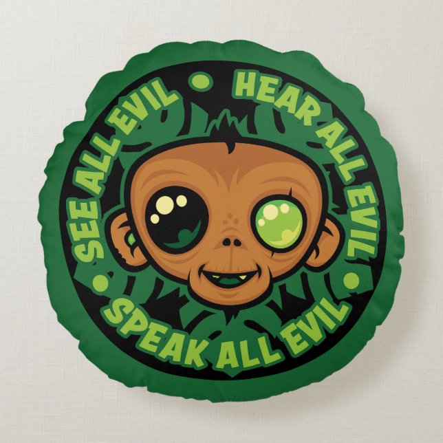 See, Hear and Speak All Evil Monkey Round Cushion (Front)