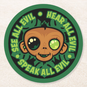 See, Hear and Speak All Evil Monkey Round Paper Coaster