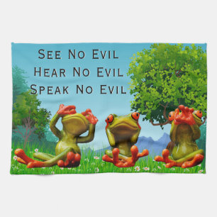 See Hear Speak No Evil Frog Humourous Tea Towel