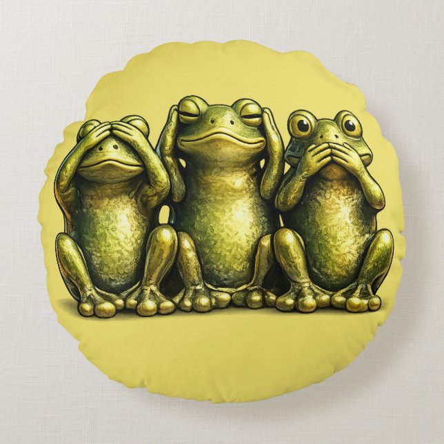 See Hear Speak No Evil Funny Frogs Round Cushion (Front)