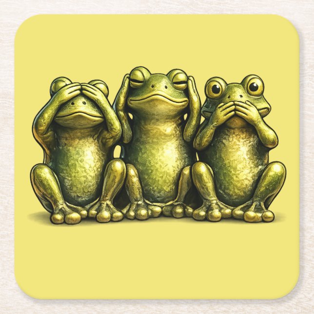 See Hear Speak No Evil Funny Frogs Square Paper Coaster (Front)