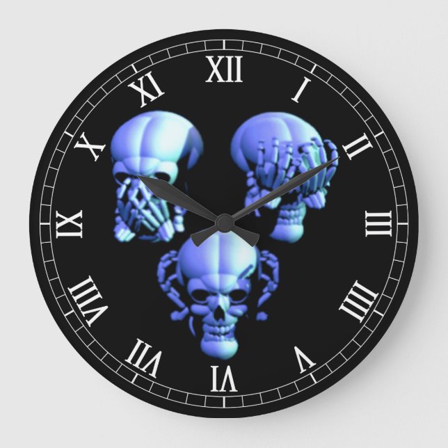 See, Hear, Speak No Evil Skull Roman Numeral Clock (Front)
