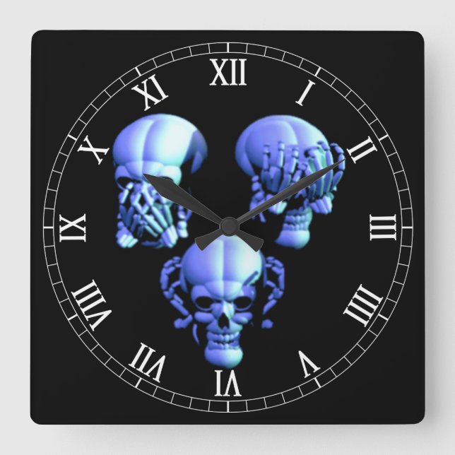 See, Hear, Speak No Evil Skull Roman Numeral Clock (Front)