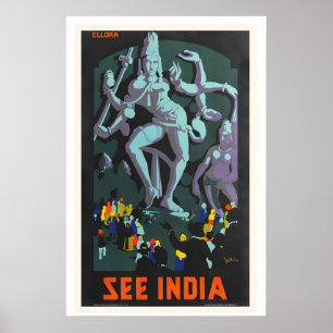 See India Maharashtra Ellora Caves Vintage Travel Poster